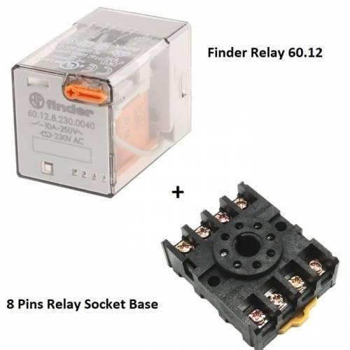 Finder Relay 220VAC 60.12 With 8pin Rail-mount Relay Socket Relay Base - a transparent rectangular relay with an orange button next to a black circular-mount base.