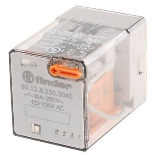 Finder Relay 220VAC 60.12 With 8pin Rail-mount Relay Socket Relay Base - 60.12.8.230.0040 is a rectangular, clear-cased industrial relay with an orange test button and printed technical specifications on the front.
