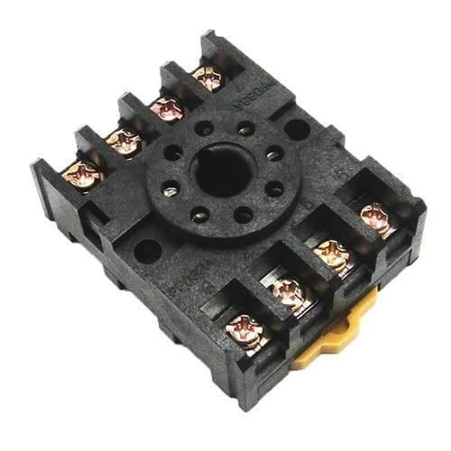 Finder Relay 220VAC 60.12 With 8pin Rail-mount Relay Socket Relay Base - a black plastic electrical component with eight circular pin holes in the center and eight screw terminals on the sides.