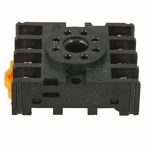 Finder Relay 220VAC 60.12 With 8pin Rail-mount Relay Socket Relay Base - a black, square, 8-pin relay socket base with a yellow side lever.