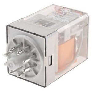 Finder Relay 220VAC 60.12 With 8pin Rail-mount Relay Socket Relay Base - a clear-cased rectangular electrical relay with an eight-pin circular connector base attached to one end.