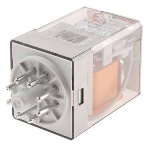 Finder Relay 220VAC 60.12 With 8pin Rail-mount Relay Socket Relay Base - a clear-cased rectangular electrical relay with an eight-pin circular connector base attached to one end.