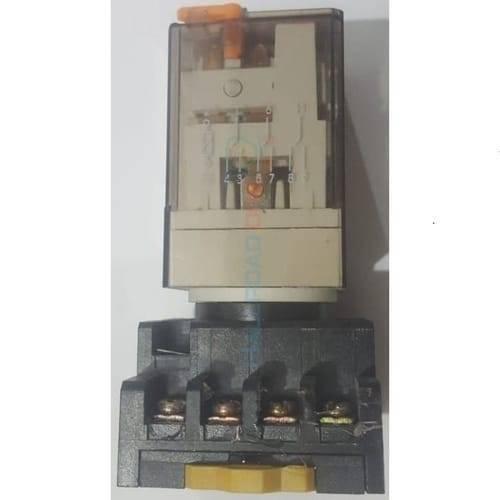 Finder Relay 220VAC 60.12 With 8pin Rail-mount Relay Socket Relay Base - a rectangular relay with a clear plastic cover and orange test button mounted on a black 8-pin rail-mount socket base.