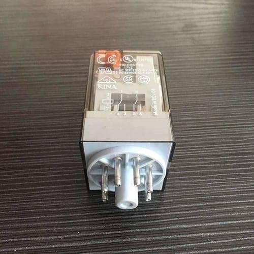 Finder Relay 220VAC 60.12 With 8pin Rail-mount Relay Socket Relay Base - a rectangular clear-cased relay with an eight-pin circular connector base and printed technical certification markings.