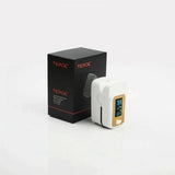 Finger Pulse Digital Oximeter-SPO2 - shown with its black branded box, featuring a white device with a gold-trimmed screen displaying 96 and 76.