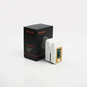 Finger Pulse Digital Oximeter-SPO2 - shown with its black branded box, featuring a white device with a gold-trimmed screen displaying 96 and 76.