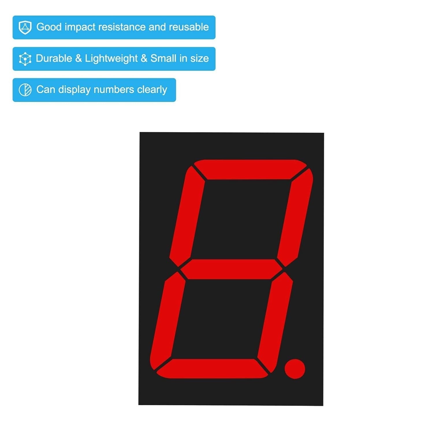 FJS18101BH 38MMX56MMX11MM LED 7 Segment 1 Digit Red Common Anode Display 1.8 Inch Digit Size - illuminated number eight with a decimal point on a black background.