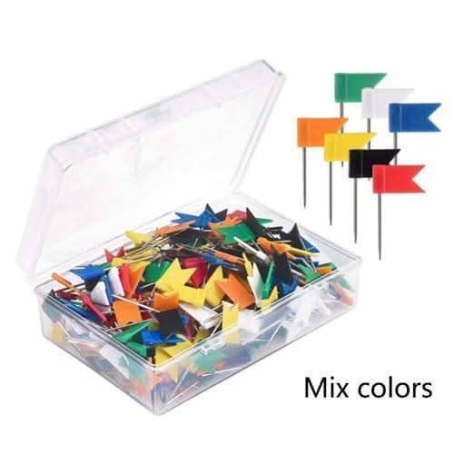Flag Push Pins Marker Marking Pins Office Thumbtack for Notice Cork Board Map - shown in a clear plastic storage box alongside several individual pins in various colours.