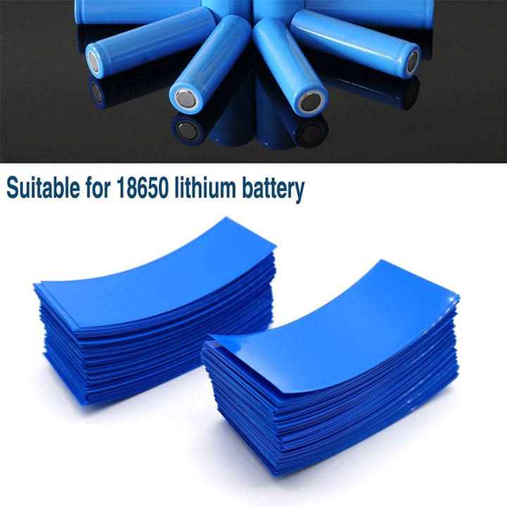 Flat PVC Heat Shrink Tubing Battery Wrap For 18650 Lithium Battery Heat Shrink Tube Assorted Kit Self-adhesive Insulator - blue 18650 battery cells above two stacks of blue rectangular heat shrink wrap sheets.