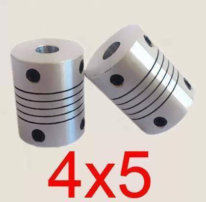 Flexible Coupling Shaft 4MMX5MM - two silver-colored cylindrical metal couplings with spiral cuts and black set screws, labeled with red 4x5 text.