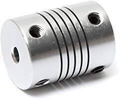 Flexible Coupling Shaft 4MMX5MM - a silver-colored cylindrical metal coupler featuring a spiral flex section and four threaded holes for set screws.