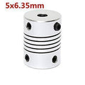 Flexible Coupling Shaft 5MMX6.35mm - a silver cylindrical metal connector with a spiral-cut flexible center and four black set screws.