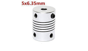 Flexible Coupling Shaft 5MMX6.35mm - a silver cylindrical metal connector with a spiral-cut flexible center and four black set screws.