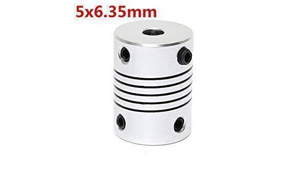 Flexible Coupling Shaft 5MMX6.35mm - a silver cylindrical metal connector with a spiral-cut flexible center and four black set screws.