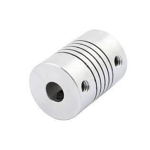Flexible Coupling Shaft 5MMX6.35mm - a cylindrical silver metal shaft coupler featuring a spiral cut design and two threaded holes on the side.