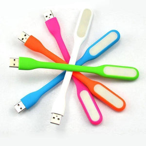 Flexible Mini USB LED Light - shown as a collection of six flexible lights in white, blue, green, orange, and pink with USB connectors.