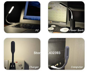 Flexible Mini USB LED Light - shown in four panels plugged into a laptop, a power bank, a wall charger, and a computer tower.