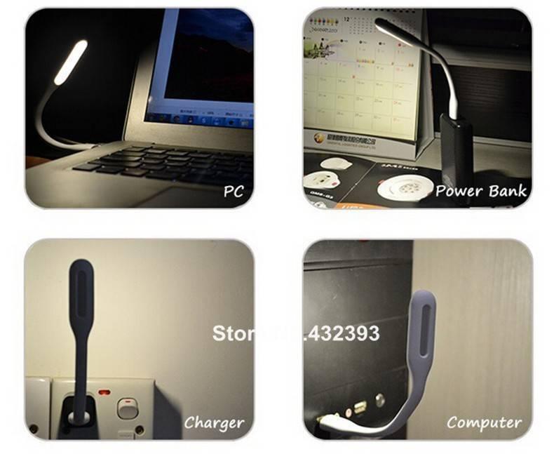 Flexible Mini USB LED Light - shown in four panels plugged into a laptop, a power bank, a wall charger, and a computer tower.