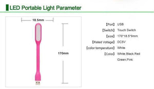 Flexible Mini USB LED Light - shown in a pink colour with a dimension diagram and a list of technical specifications including port, switch, and size.