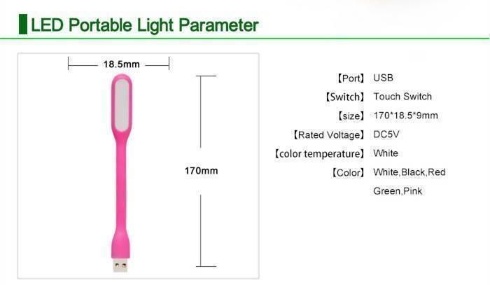 Flexible Mini USB LED Light - shown in a pink colour with a dimension diagram and a list of technical specifications including port, switch, and size.