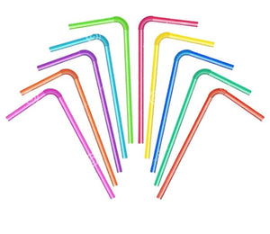 Flexible Straw - collection of nine colorful, flexible plastic drinking straws arranged in a semi-circle against a white background.