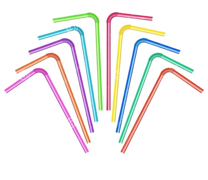 Flexible Straw - collection of nine colorful, flexible plastic drinking straws arranged in a semi-circle against a white background.