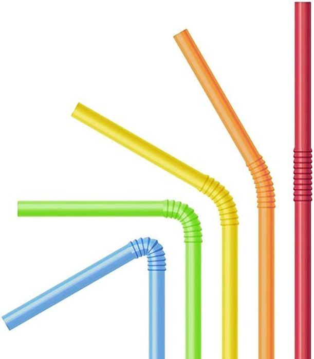 Flexible Straw - shown as a set of five plastic straws in blue, green, yellow, orange, and red, each featuring a flexible corrugated bending section.