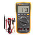 Fluke 17B+ Digital Multimeter - a yellow handheld device with a display reading 17.8, a rotary dial, buttons, ports, and two test lead sets.