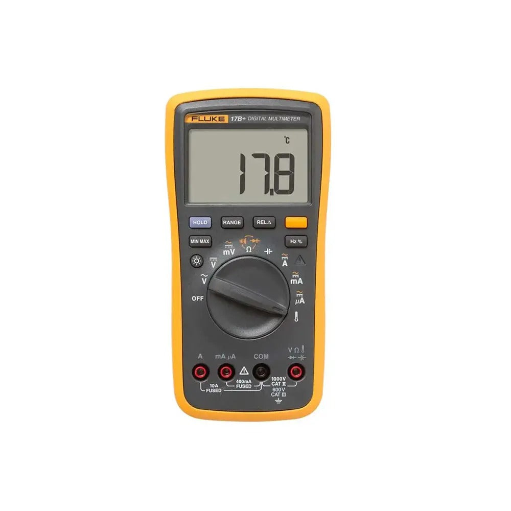 Fluke 17B+ Digital Multimeter - a yellow and black handheld device with a central rotary dial, input ports, and a screen displaying 17.8 degrees Celsius.