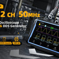 Fnirsi 2C53P 3-in-1 50MHz Dual Channel Oscilloscope Signal Generator Multimeter (portable Dso) - with a black, rectangular body, a touch screen displaying waveforms, and two BNC connectors with cables attached at the top.