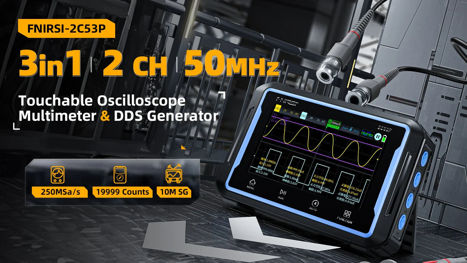 Fnirsi 2C53P 3-in-1 50MHz Dual Channel Oscilloscope Signal Generator Multimeter (portable Dso) - with a black, rectangular body, a touch screen displaying waveforms, and two BNC connectors with cables attached at the top.