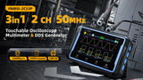Fnirsi 2C53P 3-in-1 50MHz Dual Channel Oscilloscope Signal Generator Multimeter (portable Dso) - with a black, rectangular body, a touch screen displaying waveforms, and two BNC connectors with cables attached at the top.