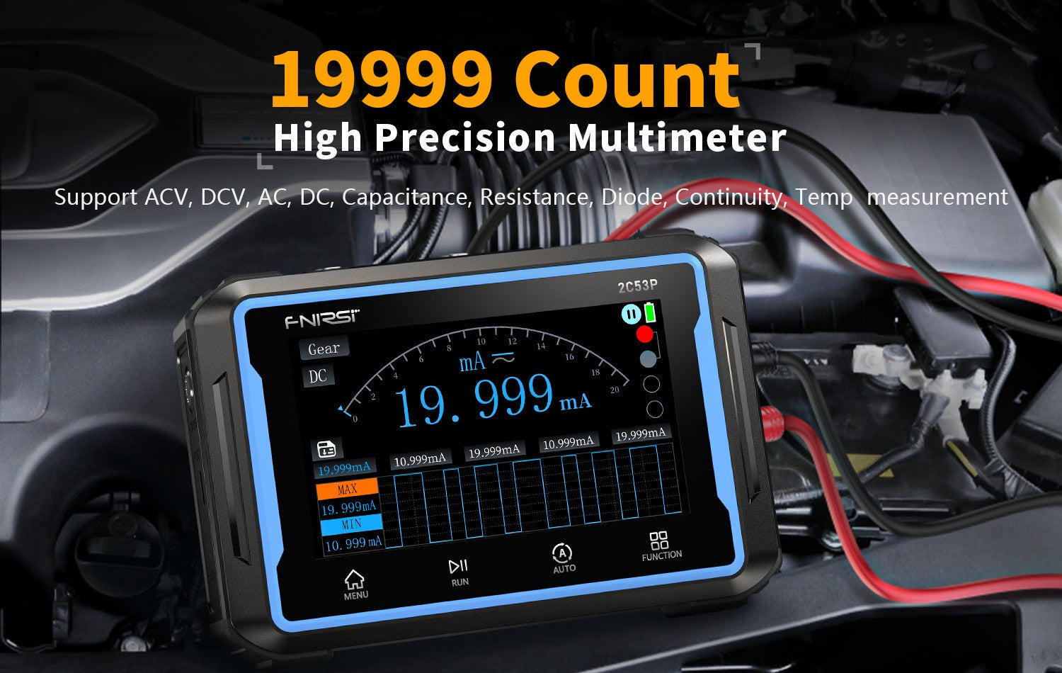 Fnirsi 2C53P 3-in-1 50MHz Dual Channel Oscilloscope Signal Generator Multimeter (portable Dso) - with a black and blue casing, showing a digital display reading 19.999mA and red and black test leads attached.