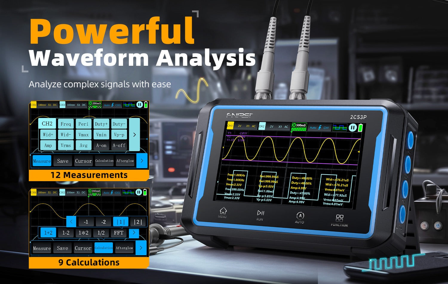 Fnirsi 2C53P 3-in-1 50MHz Dual Channel Oscilloscope Signal Generator Multimeter (portable Dso) - a black and blue handheld device with a screen displaying waveforms and measurement data, plus two probe cables.