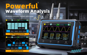 Fnirsi 2C53P 3-in-1 50MHz Dual Channel Oscilloscope Signal Generator Multimeter (portable Dso) - a black and blue handheld device with a screen displaying waveforms and measurement data, plus two probe cables.