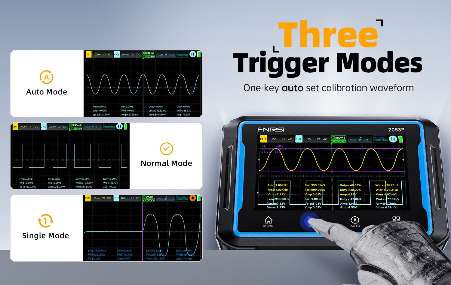 Fnirsi 2C53P 3-in-1 50MHz Dual Channel Oscilloscope Signal Generator Multimeter (portable Dso) - three trigger modes on its screen, with a probe touching the device and three waveform examples displayed on the left.