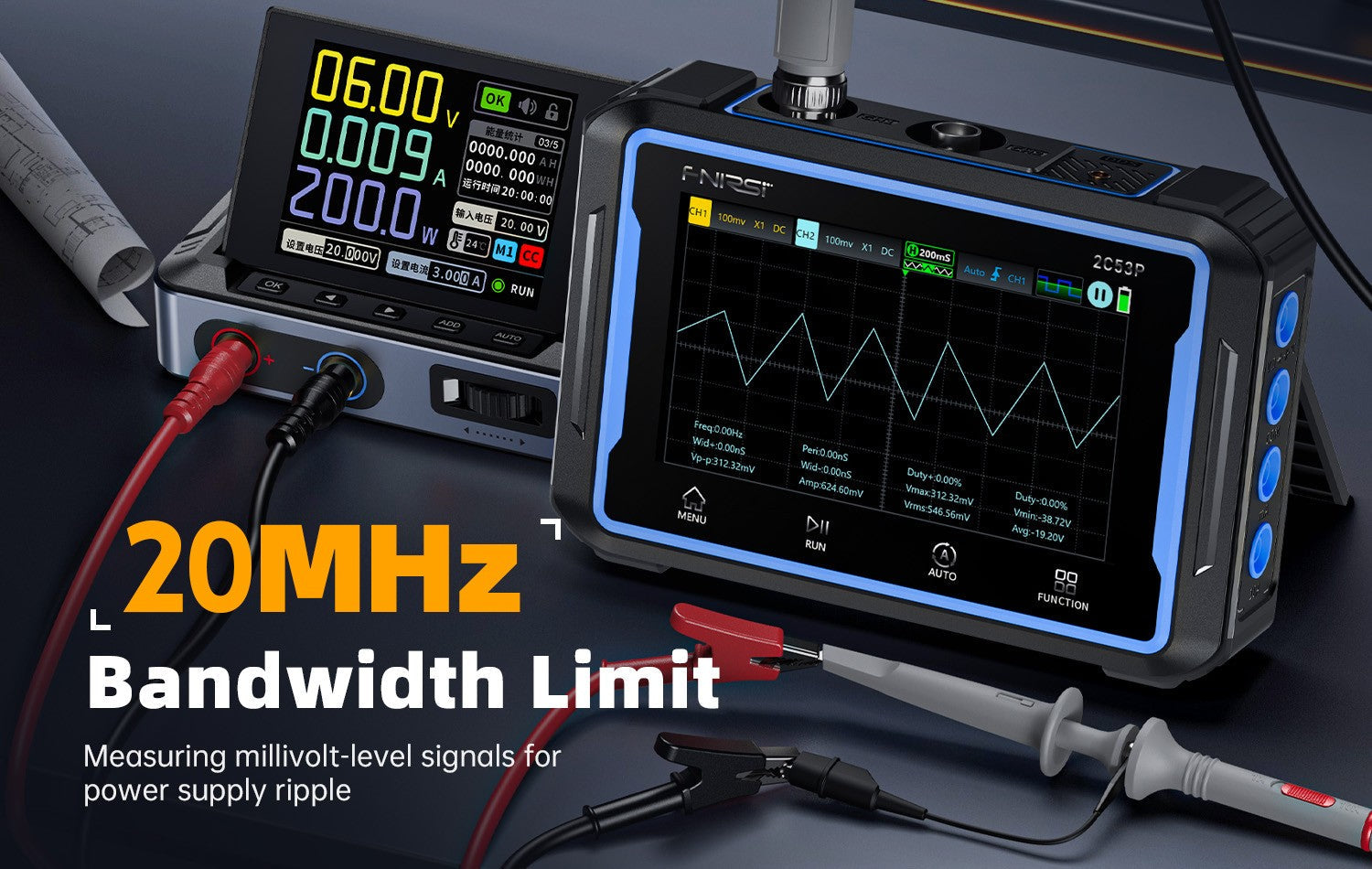 Fnirsi 2C53P 3-in-1 50MHz Dual Channel Oscilloscope Signal Generator Multimeter (portable Dso) - a black and blue handheld oscilloscope connected to a bench power supply displaying voltage, current, and a triangular waveform.