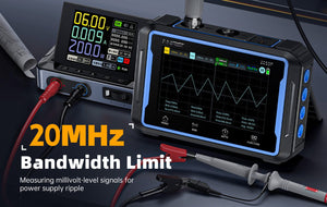 Fnirsi 2C53P 3-in-1 50MHz Dual Channel Oscilloscope Signal Generator Multimeter (portable Dso) - a black and blue handheld oscilloscope connected to a bench power supply displaying voltage, current, and a triangular waveform.