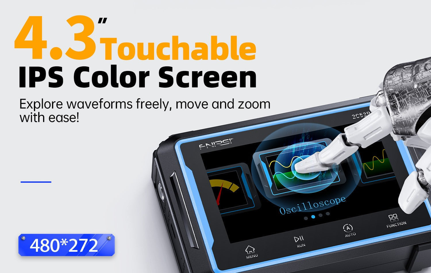 Fnirsi 2C53P 3-in-1 50MHz Dual Channel Oscilloscope Signal Generator Multimeter (portable Dso) - a close-up of its 4.3-inch touch screen with a robotic hand interacting with the oscilloscope menu icon.