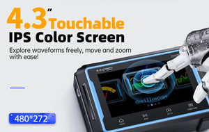 Fnirsi 2C53P 3-in-1 50MHz Dual Channel Oscilloscope Signal Generator Multimeter (portable Dso) - a close-up of its 4.3-inch touch screen with a robotic hand interacting with the oscilloscope menu icon.