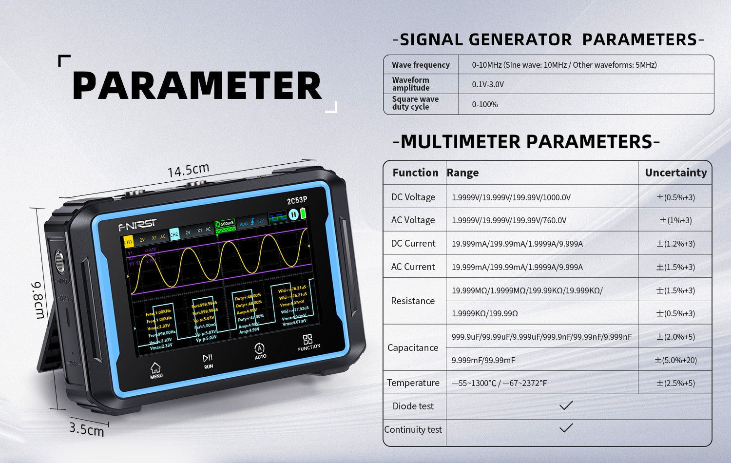 Fnirsi 2C53P 3-in-1 50MHz Dual Channel Oscilloscope Signal Generator Multimeter (portable Dso) - and multimeter showing its dimensions and a table of technical specifications alongside the device display.