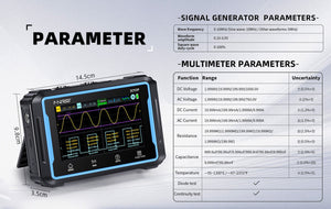 Fnirsi 2C53P 3-in-1 50MHz Dual Channel Oscilloscope Signal Generator Multimeter (portable Dso) - and multimeter showing its dimensions and a table of technical specifications alongside the device display.