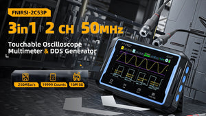 Fnirsi 2C53P 3-in-1 50MHz Dual Channel Oscilloscope Signal Generator Multimeter (portable Dso) - a black and blue handheld oscilloscope with a screen displaying waveforms, two BNC connectors, and side buttons on a dark background.