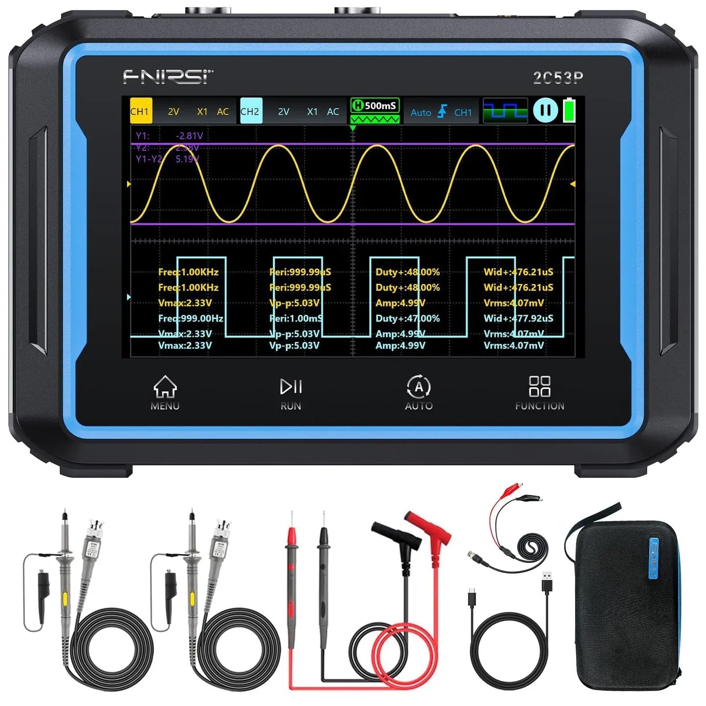 Fnirsi 2C53P 3-in-1 50MHz Dual Channel Oscilloscope Signal Generator Multimeter (portable Dso) - a yellow sine wave on its screen, with two probes, test leads, a charging cable, and a black carrying case below it.