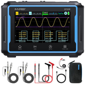 Fnirsi 2C53P 3-in-1 50MHz Dual Channel Oscilloscope Signal Generator Multimeter (portable Dso) - a yellow sine wave on its screen, with two probes, test leads, a charging cable, and a black carrying case below it.