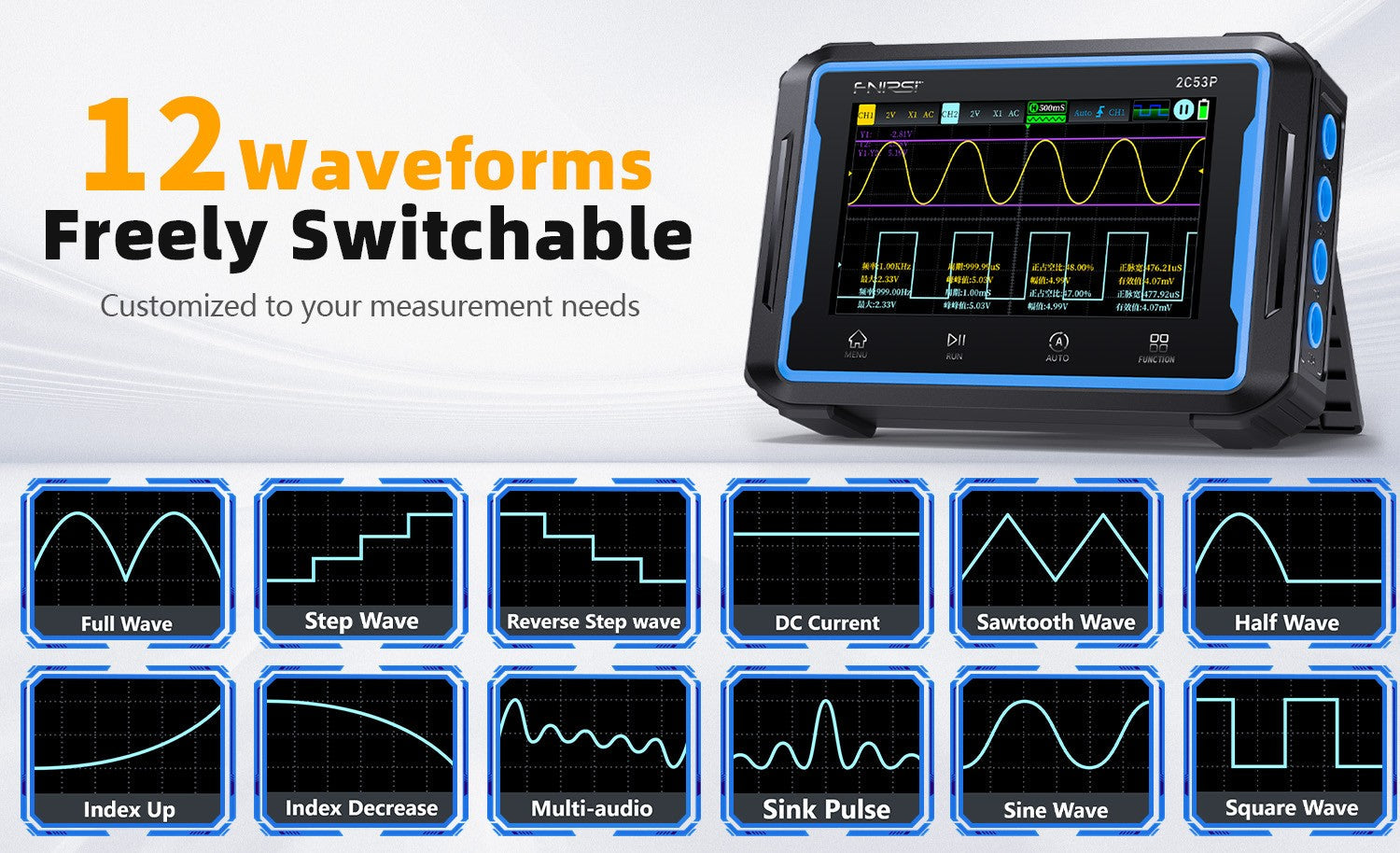 Fnirsi 2C53P 3-in-1 50MHz Dual Channel Oscilloscope Signal Generator Multimeter (portable Dso) - a black and blue handheld device with a screen displaying waveforms above a grid of 12 selectable signal types.