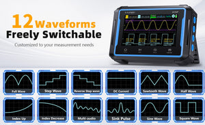 Fnirsi 2C53P 3-in-1 50MHz Dual Channel Oscilloscope Signal Generator Multimeter (portable Dso) - a black and blue handheld device with a screen displaying waveforms above a grid of 12 selectable signal types.