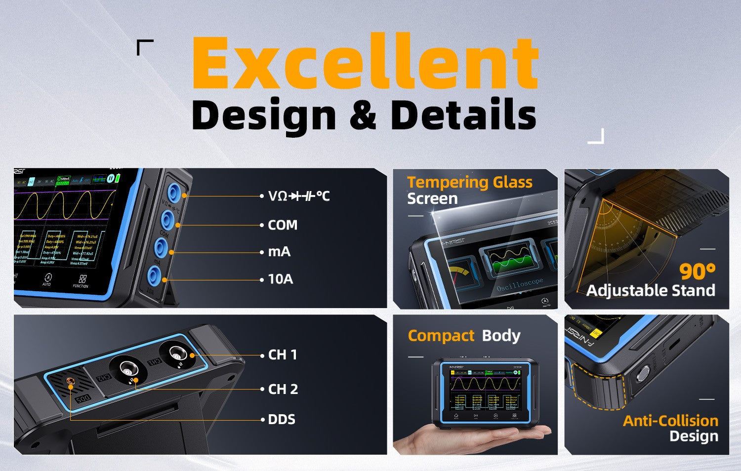 Fnirsi 2C53P 3-in-1 50MHz Dual Channel Oscilloscope Signal Generator Multimeter (portable Dso) - design details including ports for VΩ, COM, mA, 10A, CH1, CH2, DDS, a glass screen, and an adjustable stand.