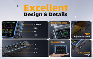 Fnirsi 2C53P 3-in-1 50MHz Dual Channel Oscilloscope Signal Generator Multimeter (portable Dso) - design details including ports for VΩ, COM, mA, 10A, CH1, CH2, DDS, a glass screen, and an adjustable stand.