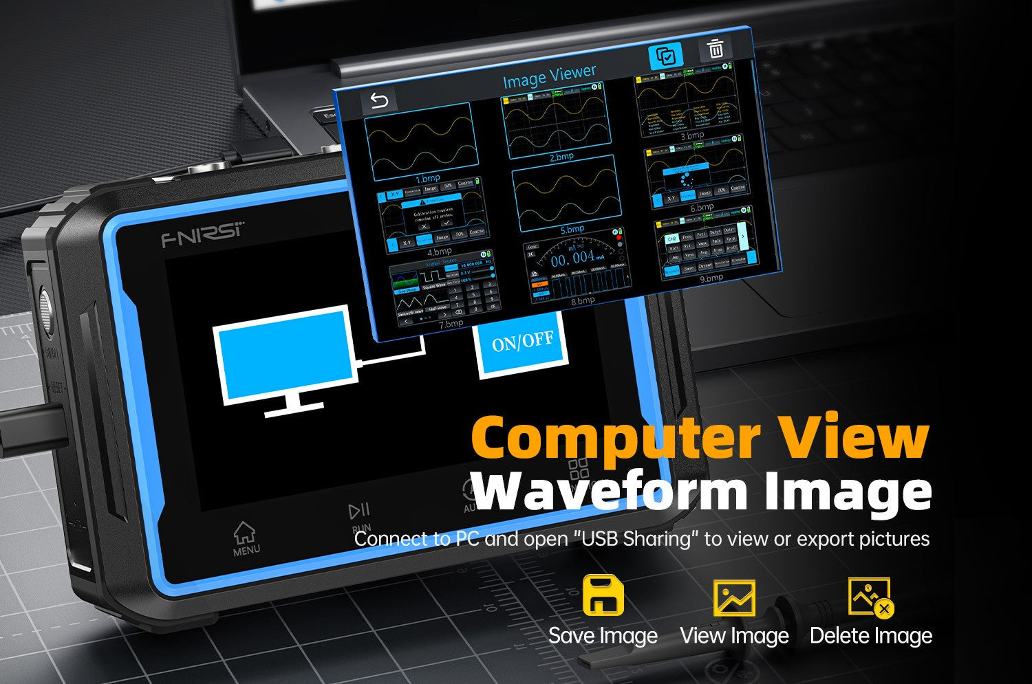 Fnirsi 2C53P 3-in-1 50MHz Dual Channel Oscilloscope Signal Generator Multimeter (portable Dso) - a computer connection interface and an Image Viewer screen displaying multiple waveform thumbnails on a grid background.